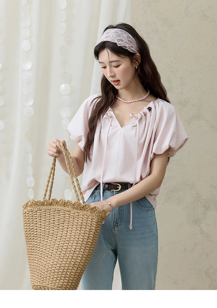 MISHOW Solid French Summer Blouses Woman 2025 New Short Puff Sleeve V-neck Beaded Retro Shirts Women Fashion Tops MXE33X1757