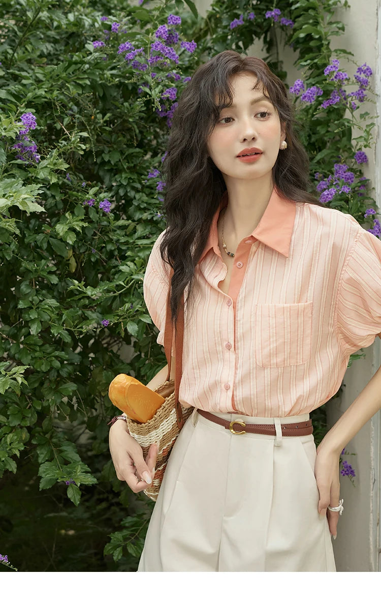 MISHOW Women's Hong Kong Retro Pink Striped Shirt 2024 Summer Short Sleeve Bubble Sleeve Single Breasted Lapel Top MXD28C0250