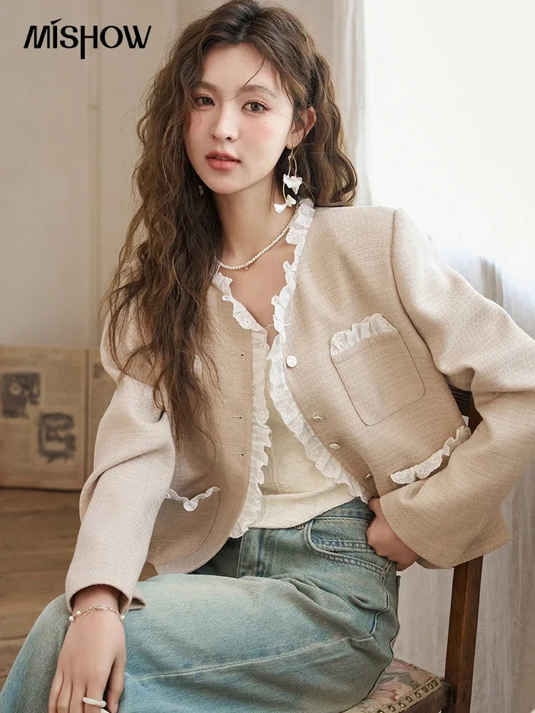 MISHOW French Fragrant Coat Solid Skirt Separately 2025 Spring Collar Pocket Splicing Lace Top Hem Split Back Skirt MXD12W0274