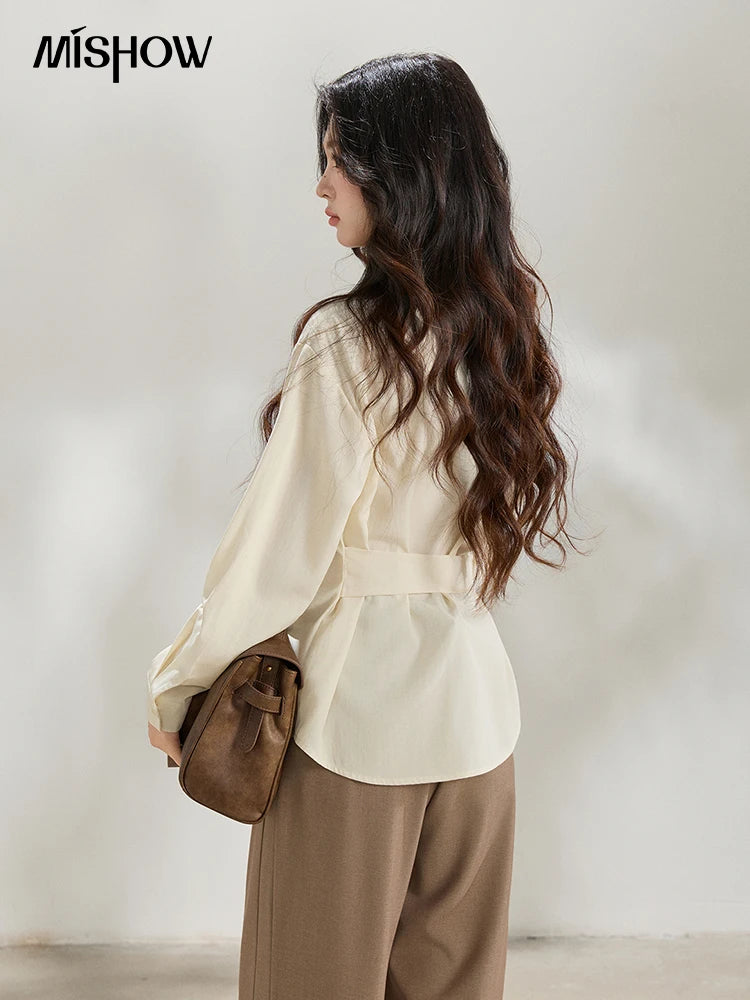 MISHOW Women's Lapel Collar Long Sleeve Shirt 2026 Spring with Belted Waist Casual Loose Soft Beige Shirt Office Lady MXF13C2452