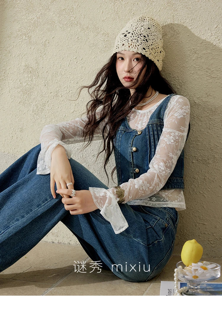 MISHOW Retro Denim Vest Coat for Women Spring Summer 2025 Deep Blue V-neck Short Versatile Outer Outfit U-neck Ccoats MXE16W0750