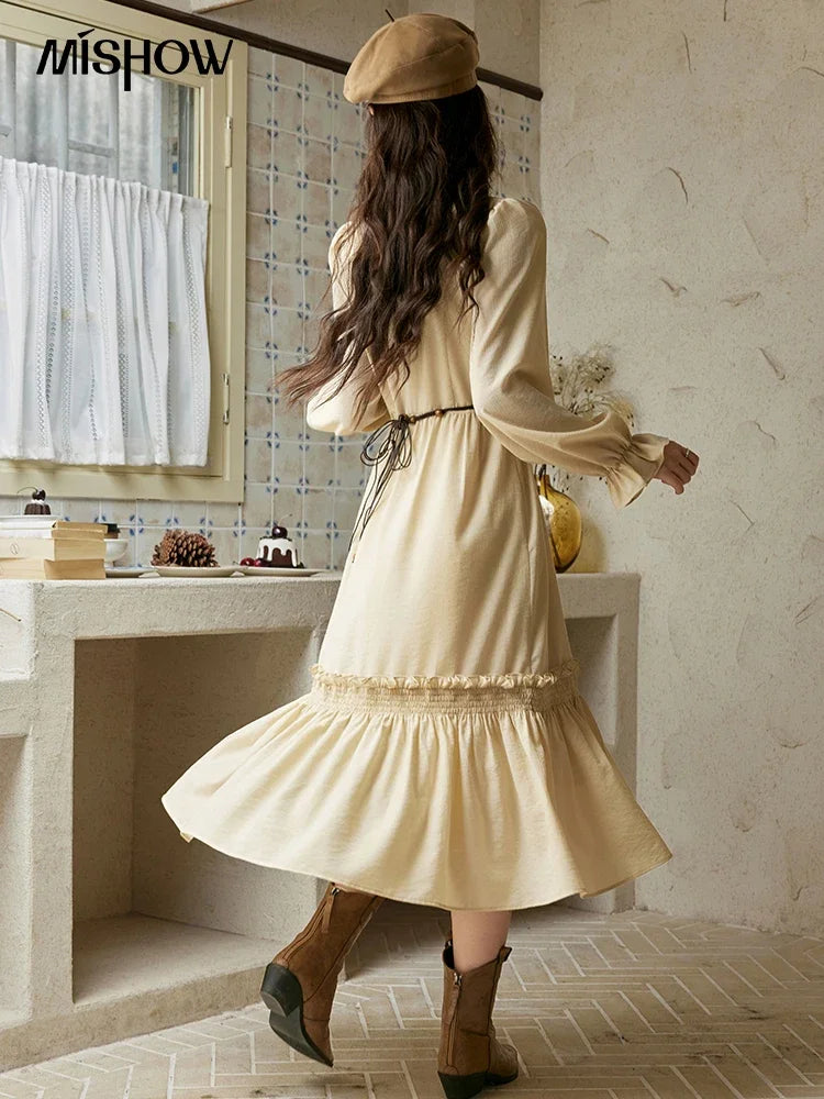 MISHOW French Stand Neck Elasticity Dress 2024 Autumn Waist Elegant A-line Dresses Elastic Lotus Leaf Sleeves Dress MPD42L2036