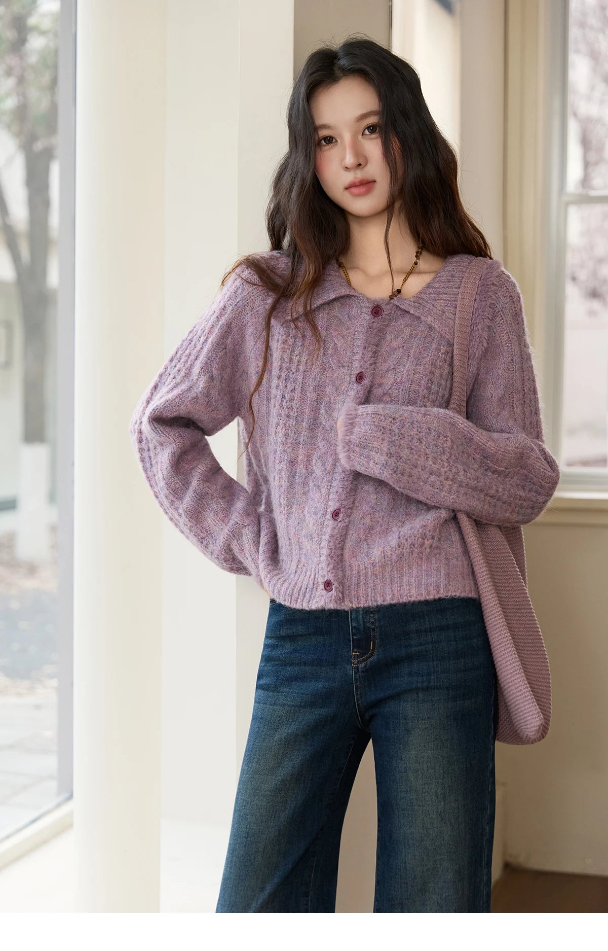 MISHOW Cardigans Ladies 2025 Winter Loose Retro Purple Turn-down Collar Imitation Mink Sweater Commute knit Top MXE88Z2616