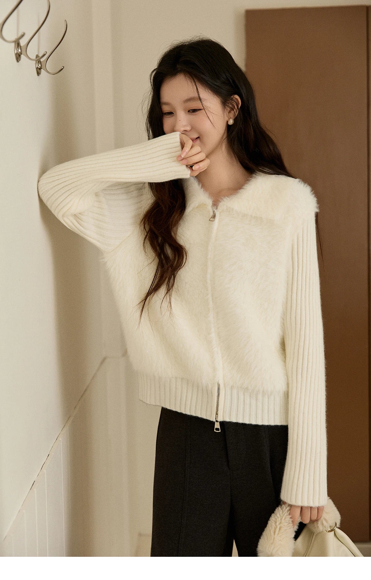 MISHOW Women's White Faux Fur Knit Cardigan 2025 Autumn Winter Fake Two-Piece Zipper Lapel Collar Warm Soft Outerwear MXE94Z2992