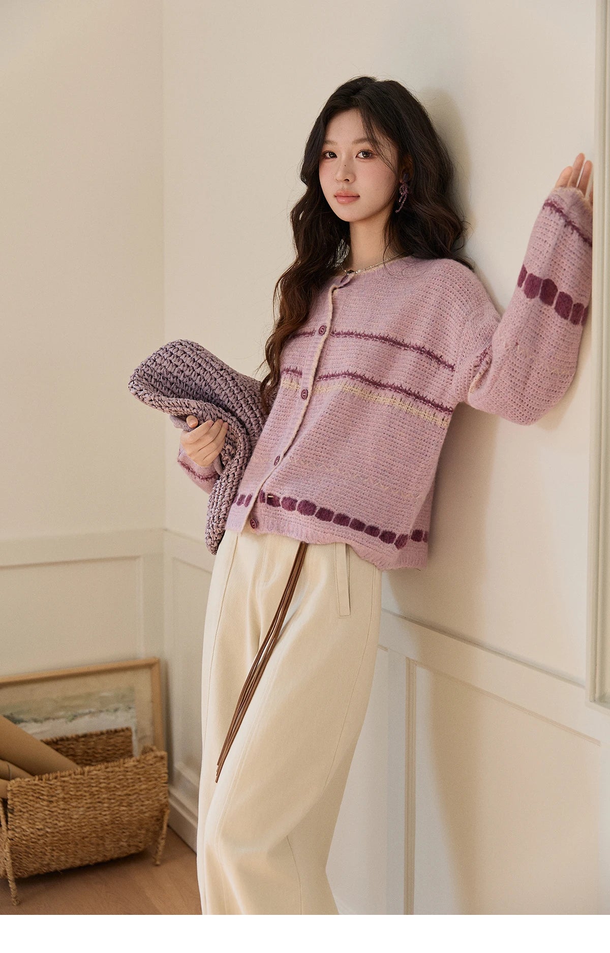 MISHOW Women's Lilac Knit Cardigan 2026 Spring Striped Dot Pattern Crew Neck Tops Single Breasted Warm Loose Sweater MXF11Z2897