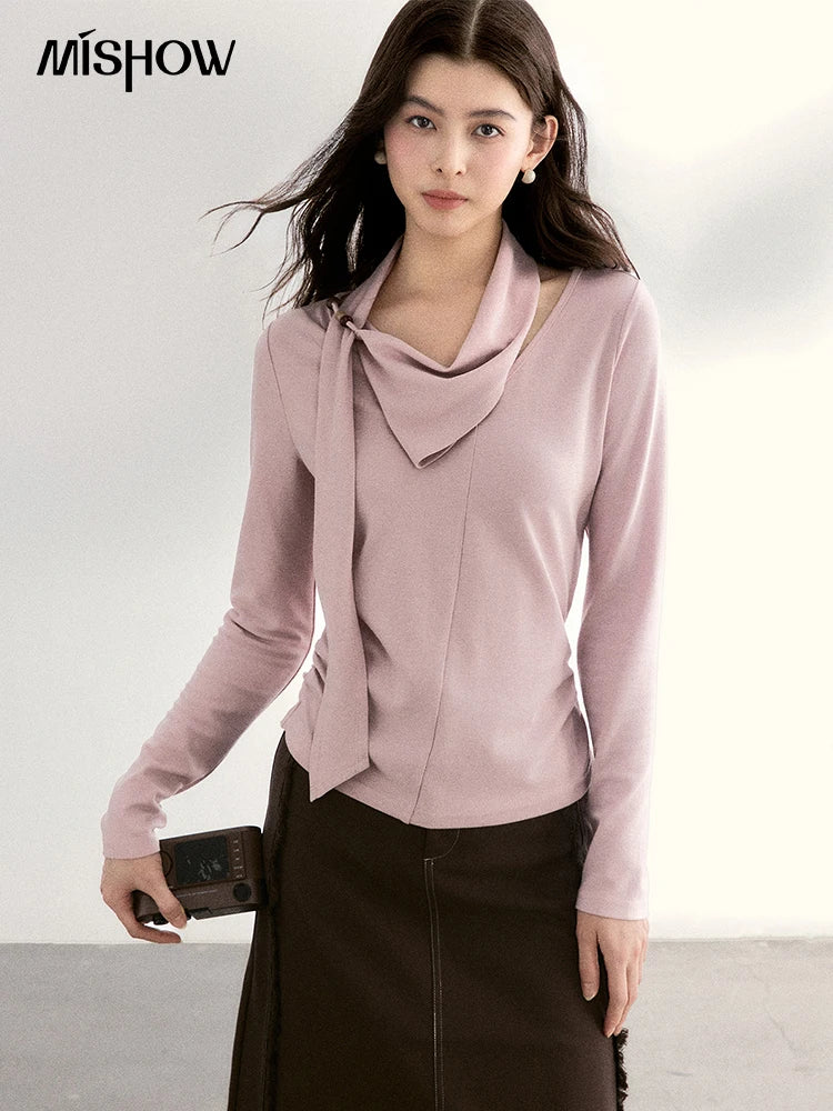MISHOW Women's Scarf Neck Pink Long Sleeve Top 2026 Spring Color Collision Bead Asymmetrical Tops Knitted Sweaters MXF108Z1025