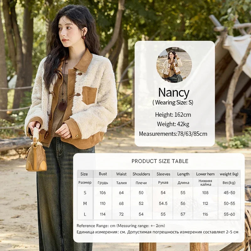 MISHOW Lamb Wool Short Jacket Women Ox Horn Button 2024 Fall Winter New Fashion Warm Loose Splicing Suede Top MXD36W0504