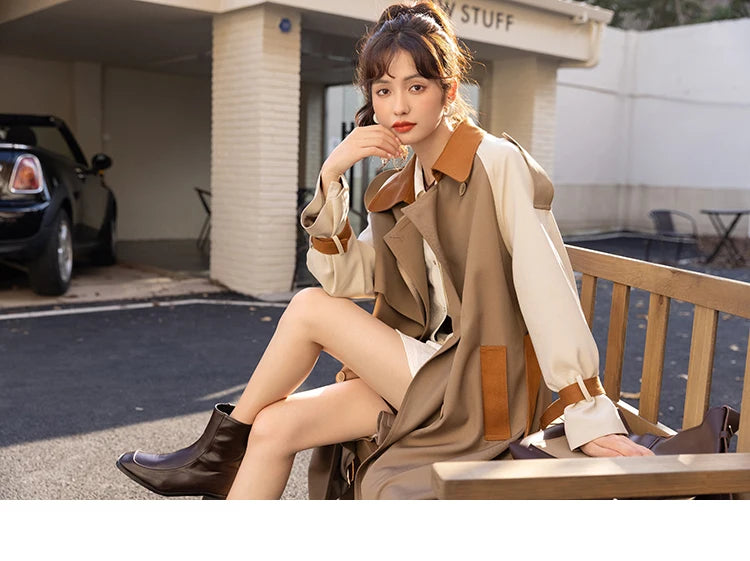 MISHOW Autumn Women's Khaki Trench Contrast Color Woman Clothes Spliced Turn-down Collar All-match Casual Jacket MXB31W0367