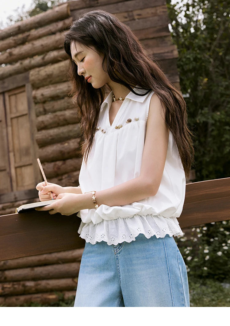 MISHOW Office Lady New Blouse Women Summer New Sleeveless Turn-down Collar Hollow Lace Shirts Female Slimming Fashion MXE31X1760