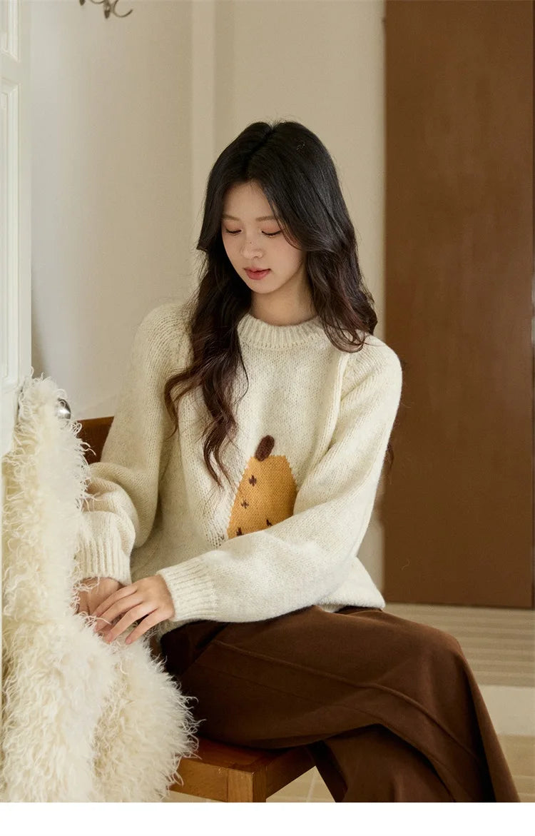 MISHOW Pear Pattern Jacquard Knitted Sweater Autumn Winter Crew Neck Loose Sweaters Wool Blend Warm Pullover Tops MXE94Z2959
