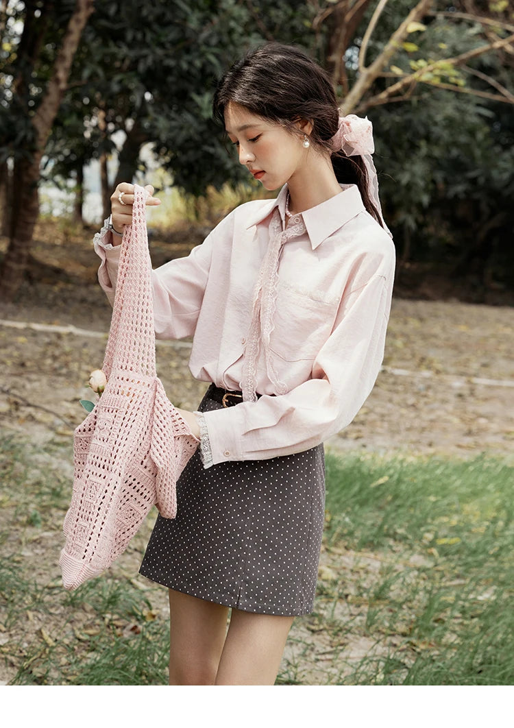 MISHOW French Spring Blouses Women 2025 New Long Sleeve Turn-down Collar Loose Shirts Female Fashion Lace Casual Tops MXE16C0760