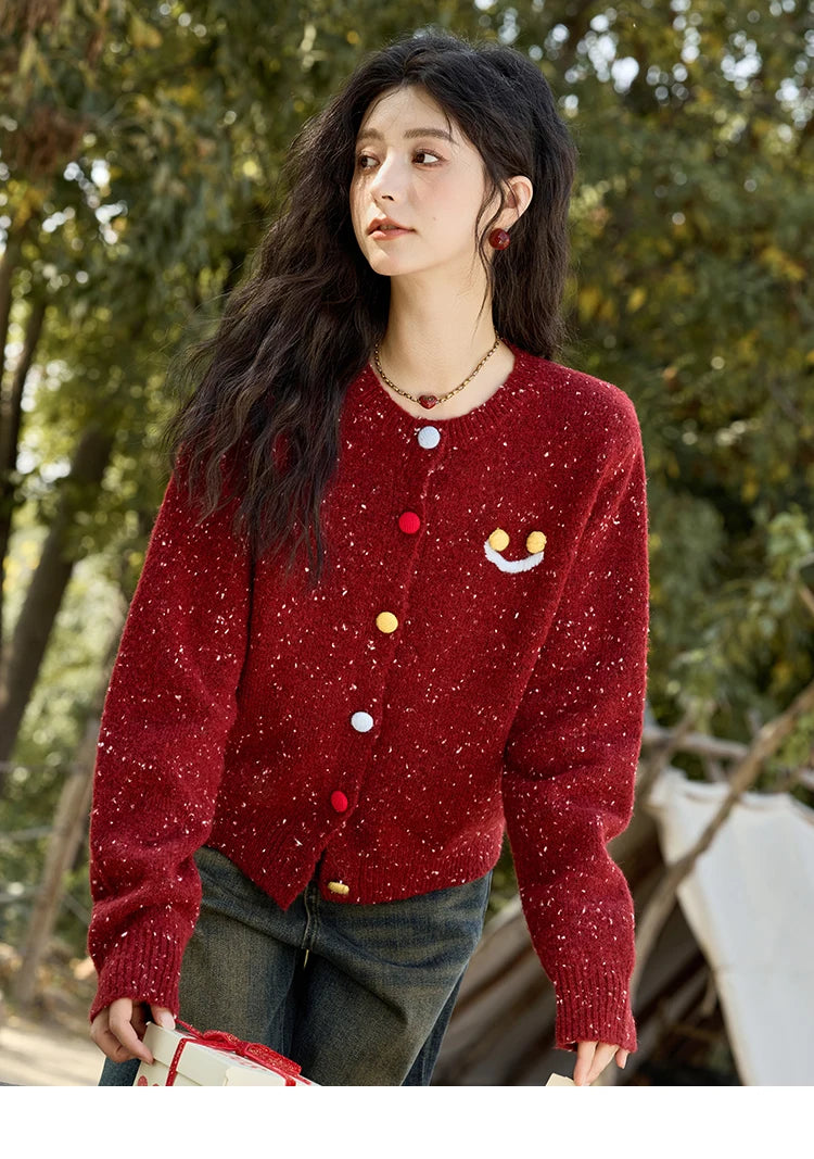 Mishow Smile Embroidery Contrast Color Wool Cardigan MXD35Z0988
