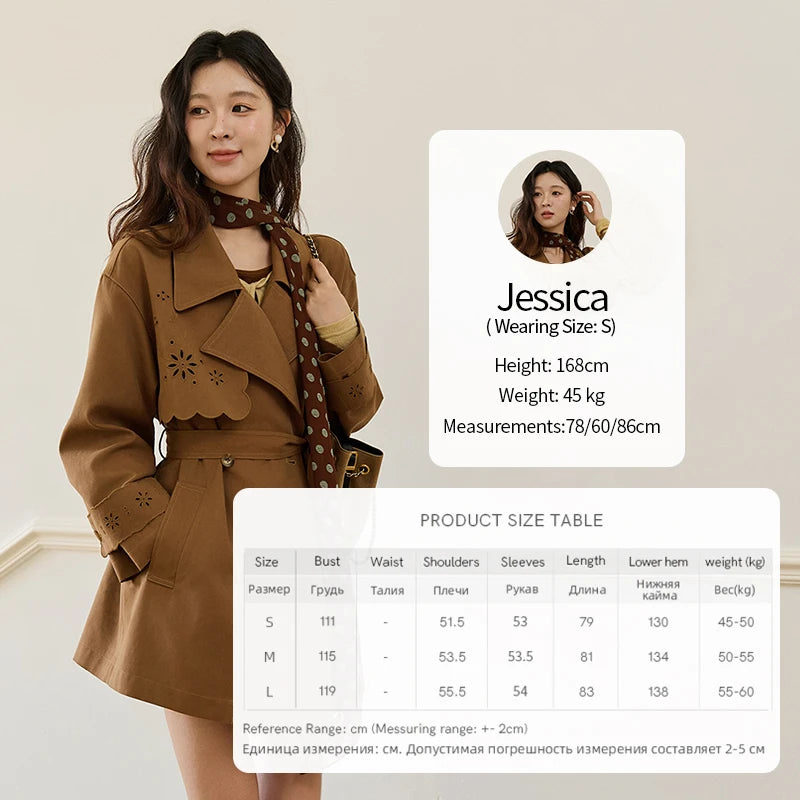 MISHOW Hollow Flower Trench Coat for Women Autumn 2025 Double Breasted Retro Trench with Slant Pocket Belt Coats MXE46W0838