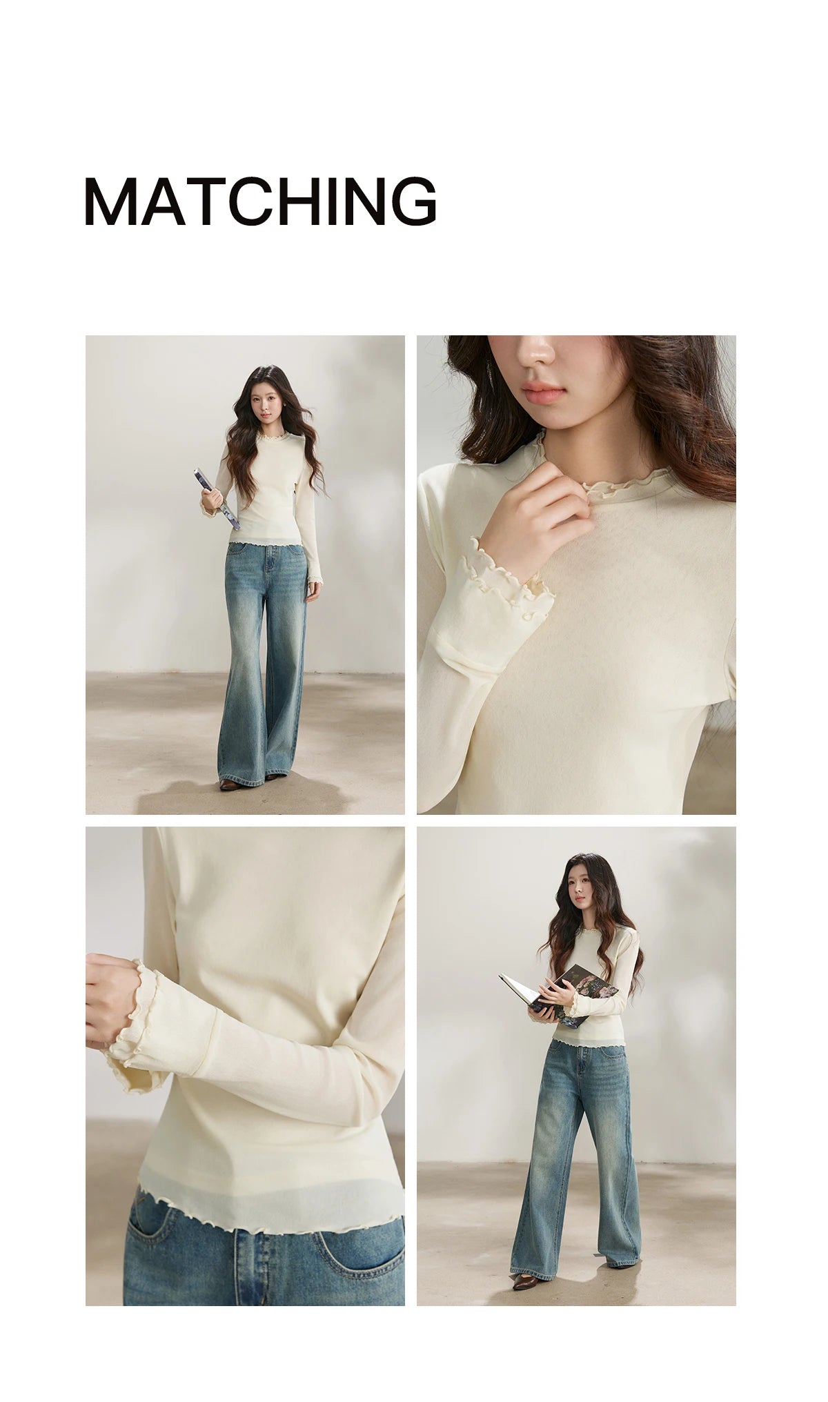 MISHOW Women's Ruffled Crew Neck Interior T-shirt 2026 Spring Lightweight Transparent Mesh Tops Slim Casual T-Shirt MXF11Z2914