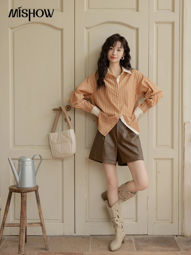 MISHOW Loose Striped Shirt for Women Autumn 2025 Contrasting Lapel Top Single Breasted Patchwork Shirts Office Lady MXD41C0286