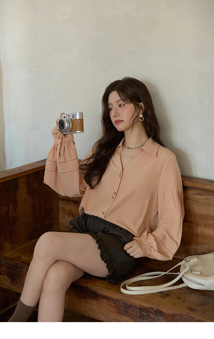 MISHOW Women's Shirt Lantern Sleeve Hollow Out Tops 2025 Autumn Single Breasted Solid Shirts Lapel Shirt Office Lady MXE41C2359