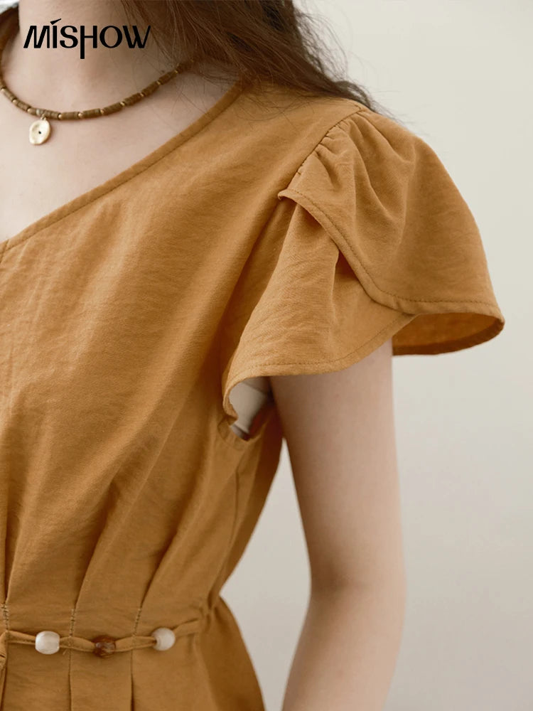 MISHOW Women's Petal Sleeve Slim Shirt 2025 Summer New V-neck Button Bead belt Black Fungus Edge Top Ladies Clothing MXE39X1881