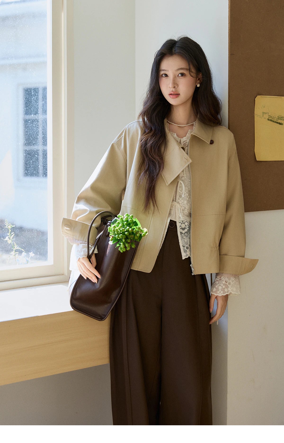 MISHOW Women's Khaki Cropped Jacket 2026 Spring Asymmetrical Collar Drawstring Waist Short Jackets Casual Loose Coat MXF11W1029
