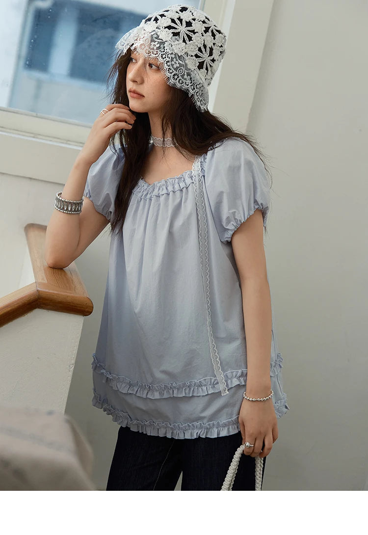 MISHOW Women's Fashion Puff Sleeve Blouse 2025 Summer Casual O-Neck Edible Tree Fungus Spliced Top Female Clothing MXE39X1929