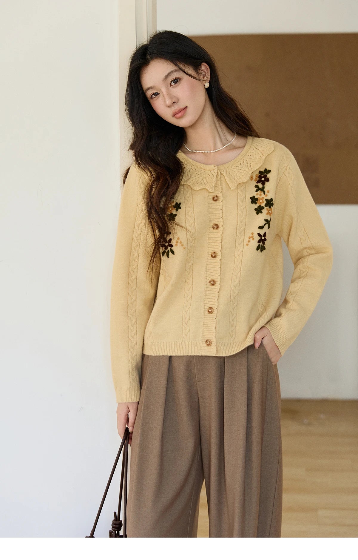 MISHOW Women's Cable Knit Cardigan Spring Peter Pan Collar Floral Embroidery Sweater Long Sleeve Casual Loose Tops MXF11Z2904