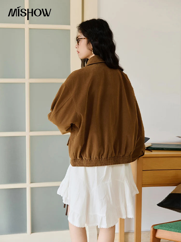MISHOW Suede Retro Brown Jacket for Women Autumn Winter 2025 Pocket Zipper Loose Coats Lapel Wide-waisted Casual Coat MXE46W0866