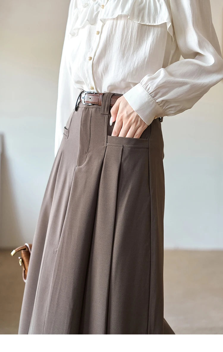 MISHOW Women's Midi Skirt 2023 Autumn Academy Pleated Commuter A-LINE Pockets Solid Split Back Hem Mid-Calf Skirts MXC42B0118