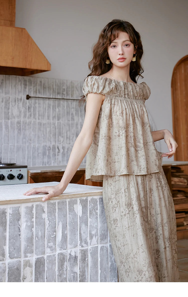 MISHOW Ink Printing Slash Neck Top Wide Leg Trouser Separately Summer Elastic Waist Pants Folds Chiffon Office Lady MXC39X1298