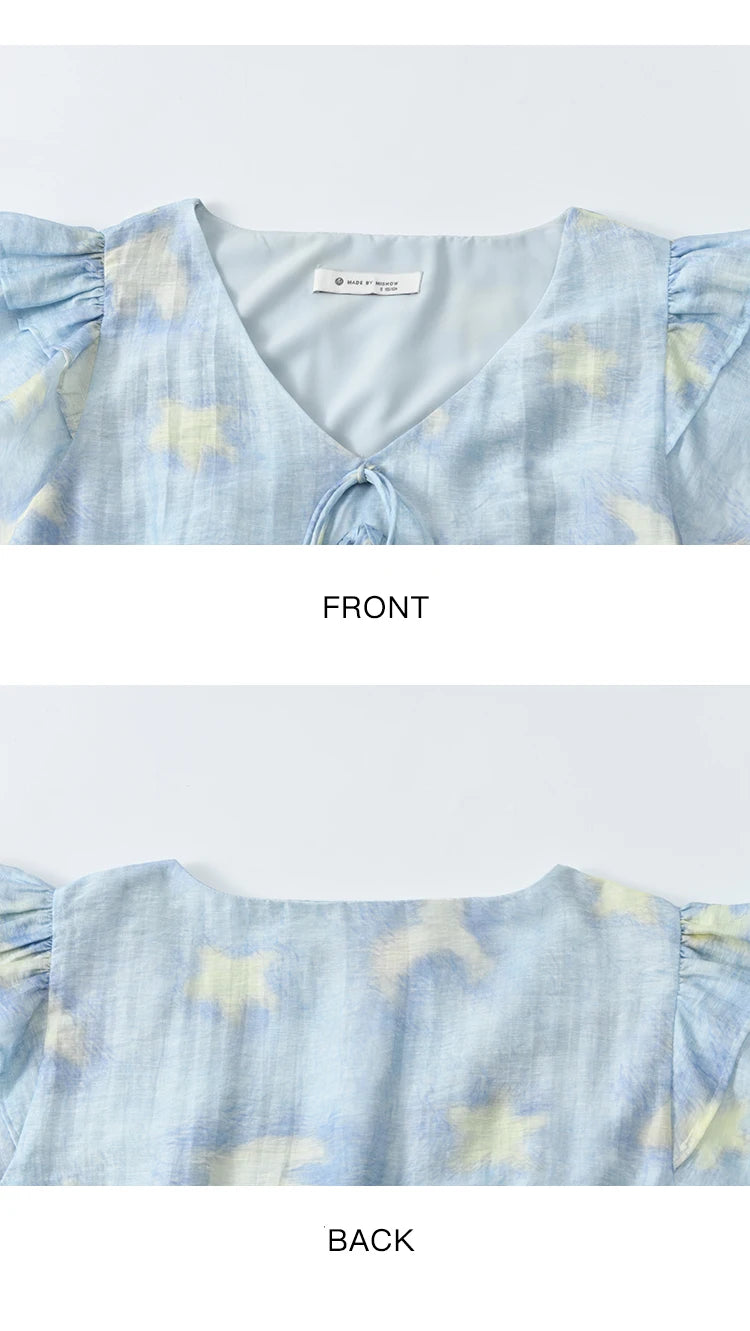 MISHOW Blue Double-layer Ruffled Linen V-neck Blouse for Women Summer 2025 Slim Flying Sleeve Breathable Lace-up Tops MXE33X1819