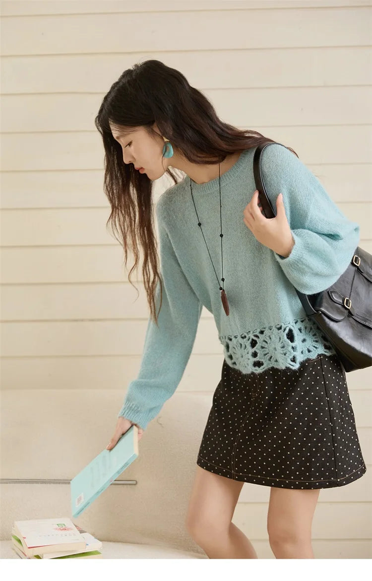 MISHOW Woman Sweaters 2025 Elegant French Hollow Out Floral Sweater Loose O-neck Long Sleeves Knit Top Autumn Clothes MXE44Z2491