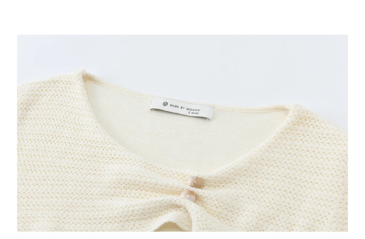 MISHOW Women's Beige Wool Blend Knit Sweater 2026 Spring Asymmetrical Collar Long Sleeve Top Slim Casual Thin Sweater MXF11Z2918