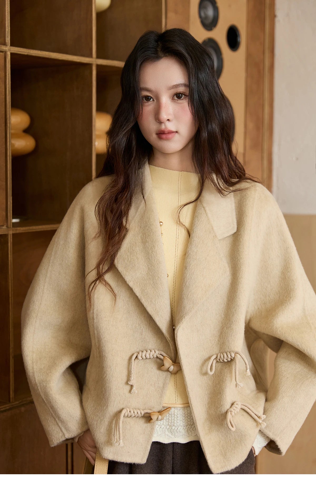 MISHOW 100%Wool Coat for Woman 2025 Winter Retro Apricot Double-faced Butterfly Button Coat Warm Long-sleeved Jacket MXE51W0887