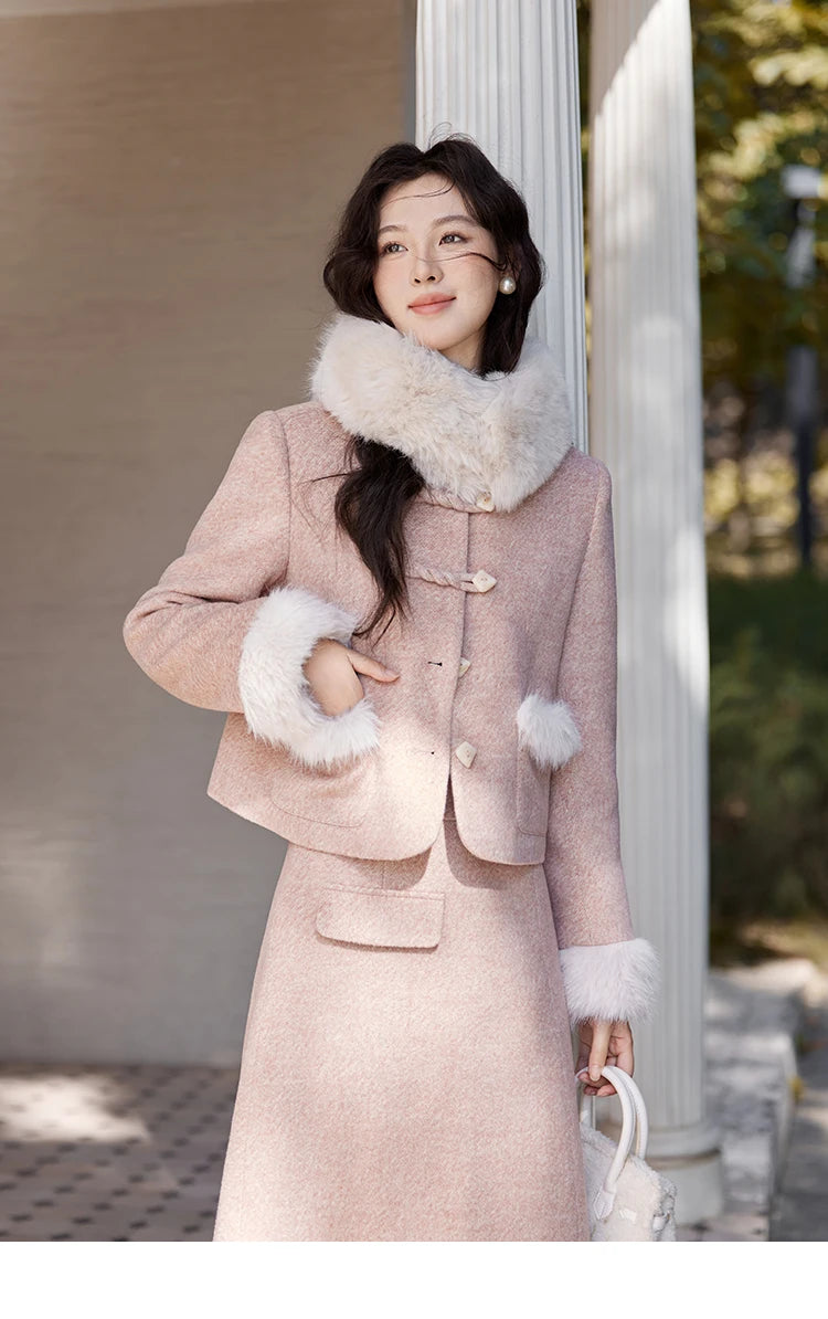 MISHOW New Chinese Tweed Coats Midi Skirts Separately Clothes Winter Woman Sweets Edge Design Plush Fur Coat Women MXD54W0583