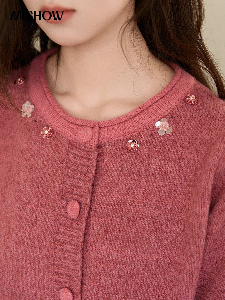 MISHOW Rose Red Sequin Beaded Floral Cardigan 2025 Winter Slight Puff Sleeve O-Neck Sweater Thick Warm Short Knitwear MXE93Z2808