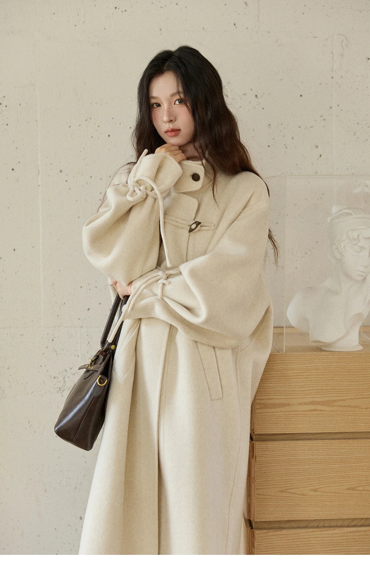 MISHOW Women's Long Coats 2025 Winter Yellow Double-faced 100% Wool Coat Windproof Lantern Sleeve Turtleneck Coat MXE51W0902