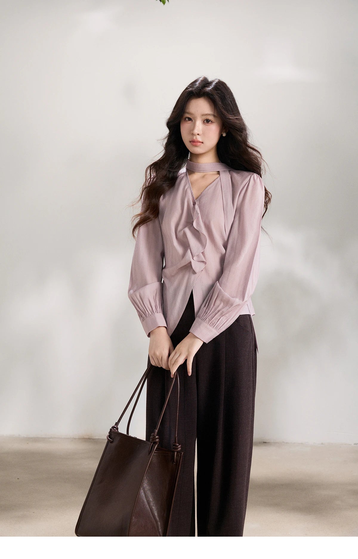 MISHOW Women's Purple Sweet Shirts 2026 Spring Ribbon V-Neck Ruffled Asymmetrical Shirt Back Lace-up Waist Casual Top MXF13X2527