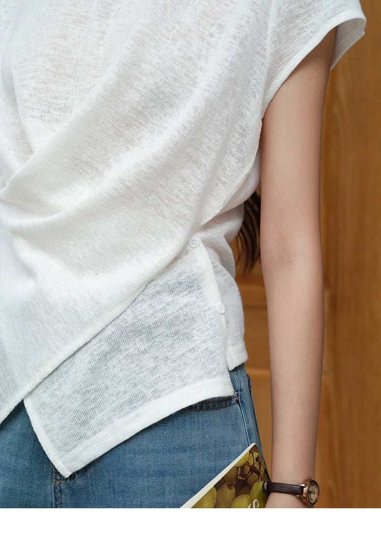 MISHOW Round Neck Knitted T-Shirt Irregular Design Button MXE39T0709