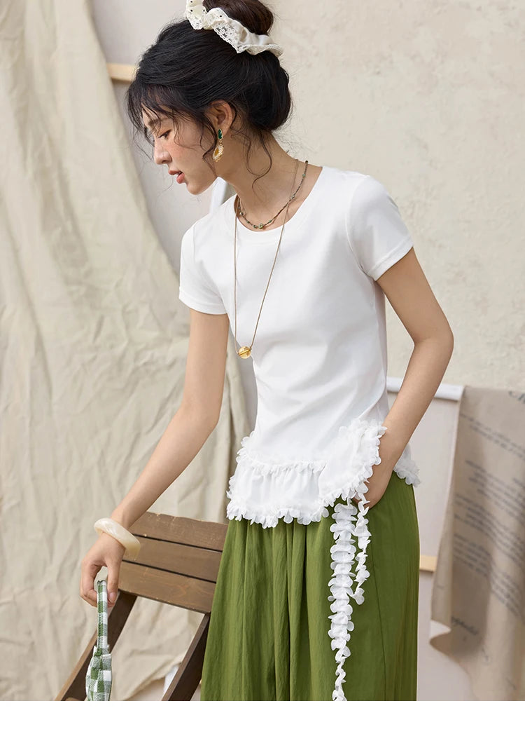 MISHOW White Ruffled T-shirt for Women Summer 2025 Round Neck Loose Slim Cotton Casual Tees with Red Lanyard Necklace MXE34T0557