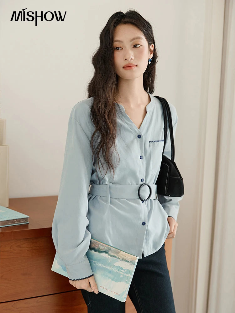 MISHOW Women's Haze Blue Peach Skin Velvet Shirt Autumn 2025 Contrast Color Design Waist Shirts Commute Versatile Top MXE47X2497