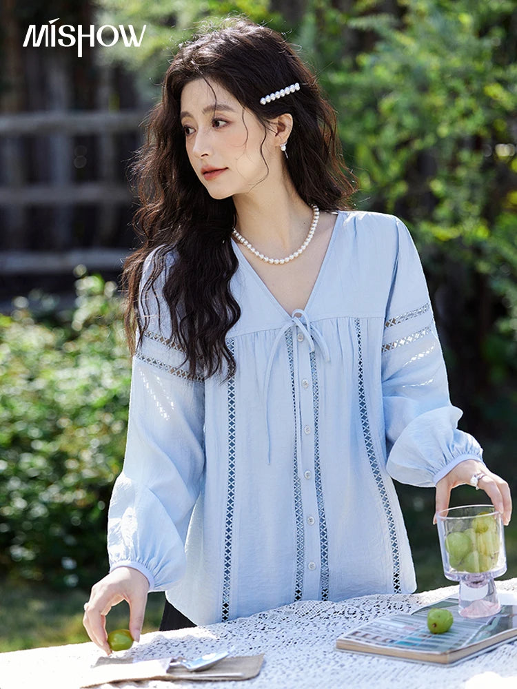 MISHOW French Sweet Loose Blue Shirt for Women 2025 Spring Summer V-neck Lace-up Hollow Doll Shirt Lantern Sleeve Top MXE12C0411