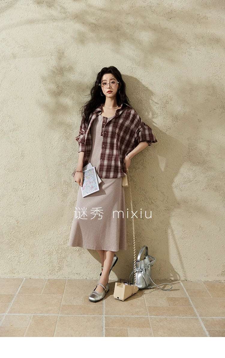 MISHOW Women's Plaid Shirt Grey Vest Dress Separately Spring Lapel Collar Shirt U-neck Sleeveless Dresses (Not A Set) MXE13L2093