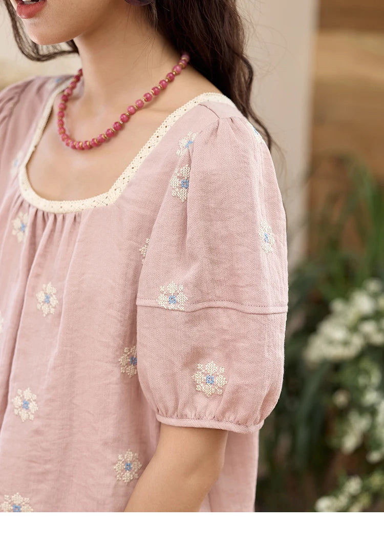 MISHOW Pink Embroidered Linen Floral Blouse for Summer 2025 A-line Square Collar Blouses Lace Patchwork Loose Tops MXE35X1834