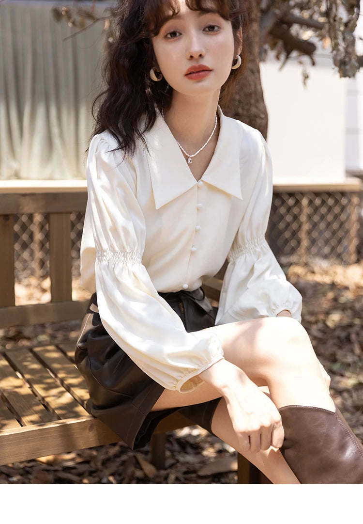 MISHOW Elegant Women's Blouse Autumn Vintage French Lantern Sleeves Turndown Collar Shirt Office Lady Female Clothing MXB32C0508