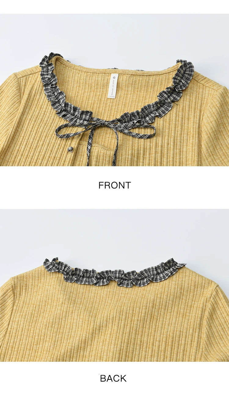 MISHOW Plaid Black Fungus Edge Tied Knitted Sweater for Women Autumn 2025 Pit Striped Knitted Fake Two-piece Top MXE44Z1361