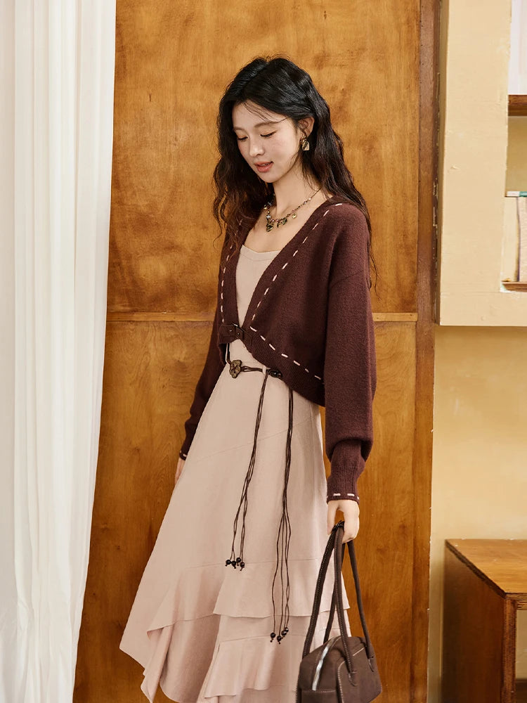 MISHOW Knitted cardigan camisole Dress Two-piece Set Autumn Frosted Velvet Retro Top Contrasting Design Dress Sets MXE47T1382