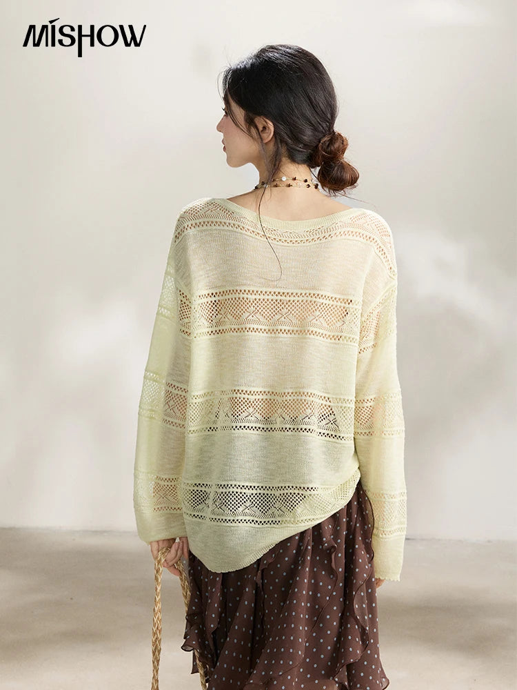 MISHOW Women's Pale Yellow Knit Top 2026 Spring Crew Neck Hollow Out Striped thin tops Casual Loose Sheer Sweater MXF13Z3020