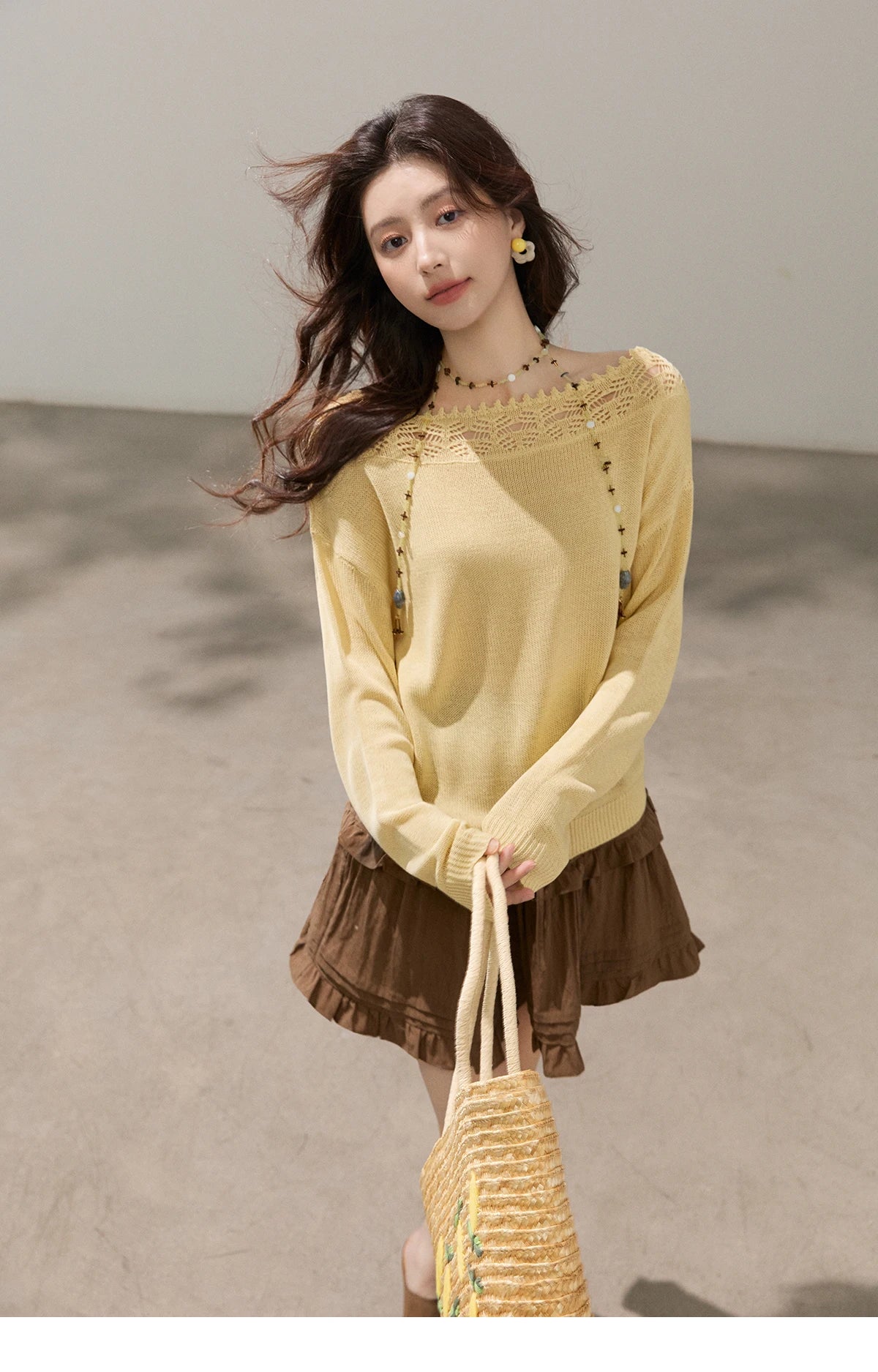 MISHOW Women's Hollowed Out Lace Trim Knit Tops 2026 Spring Boat Neck Long Sleeve Knitwear Casual Soft Yellow Sweater MXF15Z3050