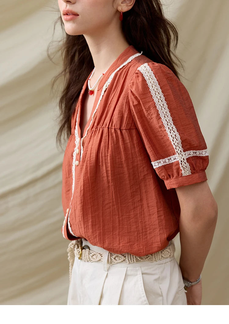 MISHOW French New Blouses Women Summer New 2025 Short Sleeve V-neck Color Matching Shirts Female Fashion Lazy Style MXE31X1766