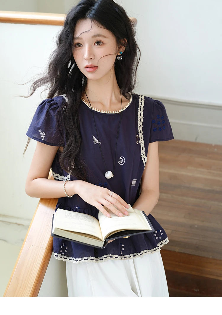 MISHOW Women's O-Neck Spliced Lace Blouse 2025 Summer New Fashion Embroidery Flower Casual Loose Top Ladies Clothing MXE39X1965