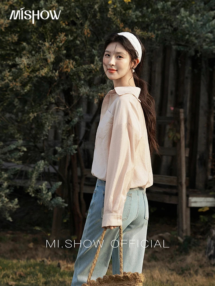 MISHOW Casual Spring Shirt Women New 2025 Long Sleeve Turn-down Collar Fake Two-piece Blouses Lady Fashion Loose Tops MXE16C0777