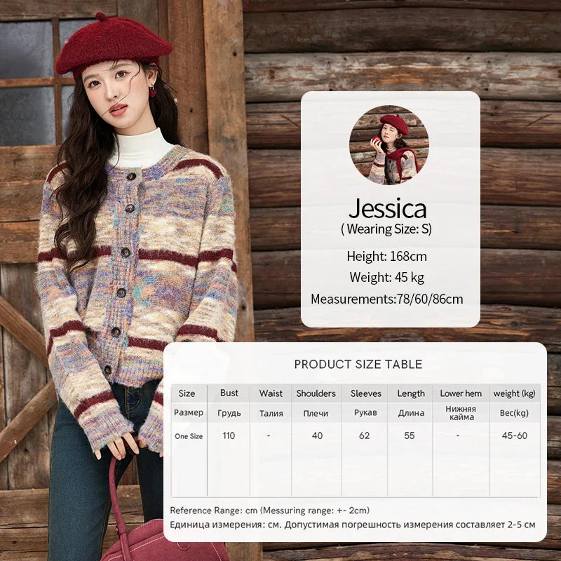MISHOW Striped Sweaters Short Contrast Color Loose Casual O-Neck Single Breasted Tops Soft Warm Knitted Cardigans MXD59Z1061